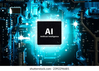 Artificial intelligence AI and machine learning concept , Black microchip isolated and electronic circuit pattern on dark background