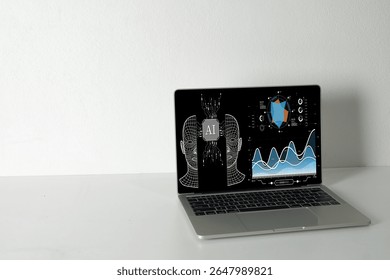 Artificial Intelligence (AI) and Machine Learning concept. Laptop screen displays a futuristic dashboard with an AI robot head and data analysis charts. Represents data science, big data processing.