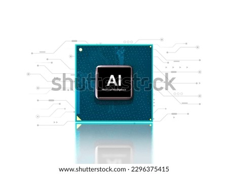Artificial intelligence AI and machine learning concept. Computer processor chip with microchip isolated and electronic circuit pattern on white background.