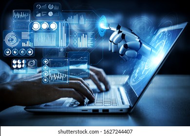 Artificial intelligence AI research of robot and cyborg development for future of people living. Digital data mining and machine learning technology design for computer brain communication. - Shutterstock ID 1627244407