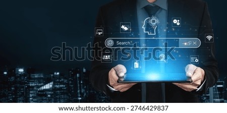 Artificial intelligence AI search concept enabling smarter discovery, recommendations to digital services and knowledge. Generative AI search engine algorithm provide user intent result. Corpus