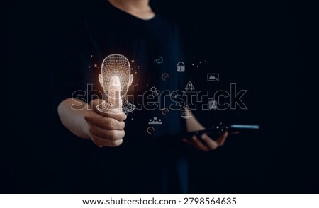 Artificial intelligence and AI security concept featuring a digital humanoid interface, cybersecurity protection, machine learning, data privacy, smart automation, and future technology.