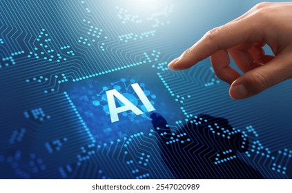 Artificial intelligence AI in semiconductor on electronic circuit board concept. Man touching AI icon.