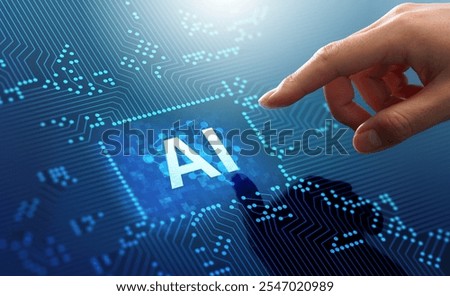 Artificial intelligence AI in semiconductor on electronic circuit board concept. Man touching AI icon.