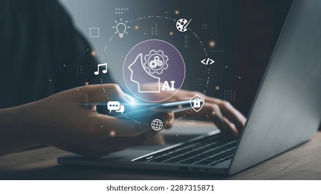 Artificial Intelligence, Ai tech generate coding, art, music show virtual graphic Global online Internet connect Chat AI. Command prompt for generates something, Futuristic technology transformation. - Shutterstock ID 2287315871