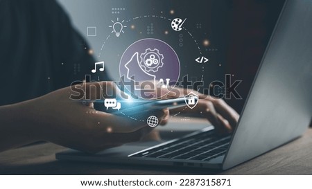 Artificial Intelligence, Ai tech generate coding, art, music show virtual graphic Global online Internet connect Chat AI. Command prompt for generates something, Futuristic technology transformation.