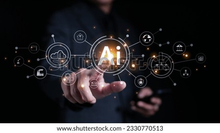 Artificial Intelligence (AI) technology concept. Businessman hand touching AI icon. Digital transformation, Internet of Things, Use of AI to help business and used in daily life, AI Prompt Generate,