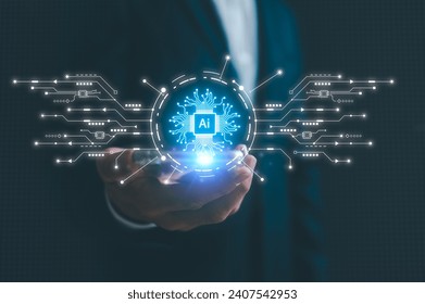 artificial intelligence AI technology and Digital transformation concept, businessman using smartphone and touching virtual global AI technology diagram