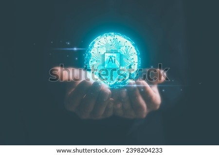 artificial intelligence AI technology and Digital transformation concept, hands holding virtual glob and Ai icon