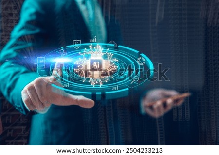 artificial intelligence AI technology and Digital transformation concept, businessman holding virtual icon and working with Ai icon
