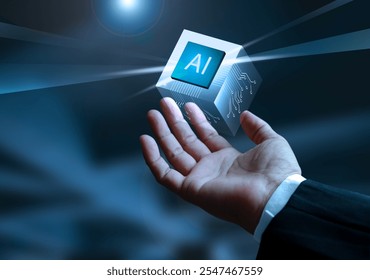 Artificial intelligence, AI technology, system engineering. Businessman hold a virtual of futuristic ai operating system cpu.