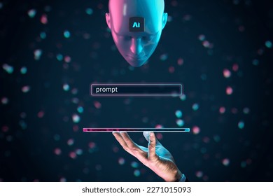 Artificial intelligence AI think about prompt (command) entered by AI user. Artificial intelligence represented by humanoid head with AI chip is waiting for prompt (assignment). - Shutterstock ID 2271015093