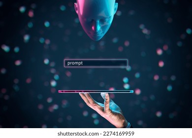 Artificial intelligence AI think about prompt (commands). Artificial intelligence represented by humanoid head analyze prompts (assignment).