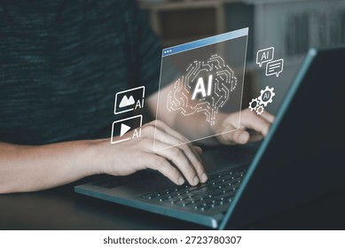 Artificial intelligence (AI) tools, machine learning automation, intelligent online content creation, generate and data processing. Hand typing on a laptop with holographic AI interface icons.