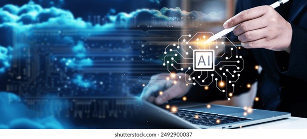 Artificial Intelligence (AI) transforming every industry concept, businessman using digital device connecting to AI cloud for generate ideas of work assistant, modern mood and network background. - Powered by Shutterstock - Get 15% off with code: PIKWIZARD15