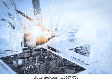 Artificial Intelligence (AI),machine Learning With Data Mining Technology On Virtual Dachboard.Double Exposure,Medical Technology Concept. Doctor Hand Working With Modern Digital Tablet And Laptop.