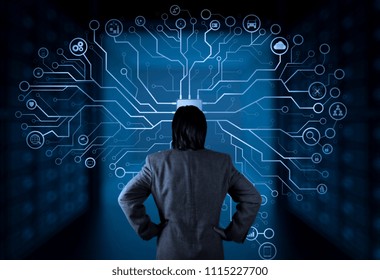 Artificial Intelligence (AI),machine learning with data mining technology on virtual dachboard.Businessman working with modern computer big data screen.