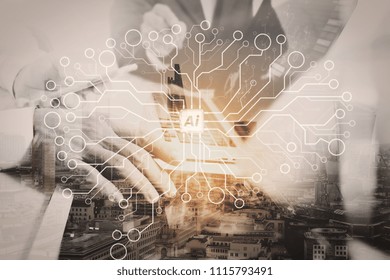 Artificial Intelligence (AI),machine learning with data mining technology on virtual dachboard.Double exposure,Business team meeting present. Photo professional investor working with new project. 