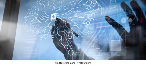 Künstliche Intelligenz (AI), maschinelles Lernen mit Datenerfassungstechnologie auf virtuellen Datenerfassungskarten.Double Exposure, Handarbeitskonzept für Geschäftsleute. Die Dokumente finanzieren grafische Diagramme. 