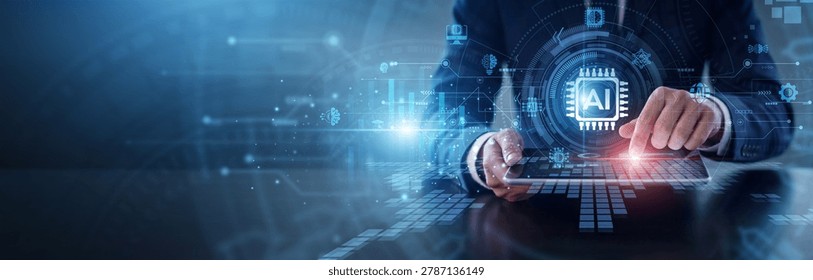 Artificial Intelligence algorithms. Professional using tablet to analyze machine learning models and automated neural networks. Smart cognitive computing and predictive data analytics tools.