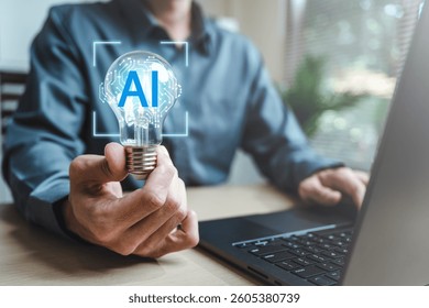 Artificial intelligence analysis algorithm technology. Ai analyst machine learning. Artificial intelligence. A person is holding a light bulb with the word AI on it.