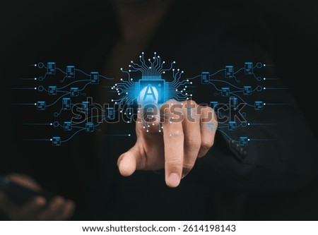 Artificial intelligence analysis algorithm technology. Ai analyst machine learning. Artificial intelligence. A person is using a laptop to draw a diagram with the word AI written in blue.