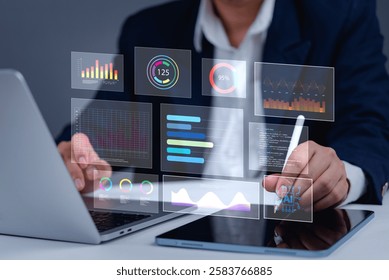 Artificial intelligence analytics, business data dashboard, technology-driven decision making, interactive charts, futuristic interface, predictive analysis, corporate intelligence.