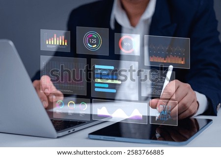 Artificial intelligence analytics, business data dashboard, technology-driven decision making, interactive charts, futuristic interface, predictive analysis, corporate intelligence.