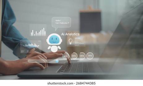 Artificial intelligence analytics concept with chatbot assistant on laptop screen, data visualization, and digital dashboard, symbolizing AI technology, automation, and business innovation.