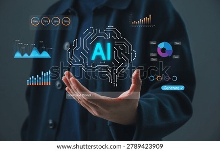 Artificial intelligence analytics concept with hand presenting AI brain interface and data visualization dashboard, representing machine learning, big data analysis, automation, and digital business insights.