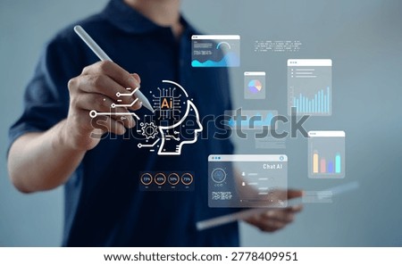 Artificial intelligence analytics concept with person using stylus, AI interface, data visualization dashboards, machine learning, business insights for smart decision making and digital innovation.