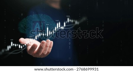 Artificial intelligence analyzing financial data for smart investment concept. Human hand holding glowing candlestick chart and AI brain circuit icon for predictive stock market trading and profit.