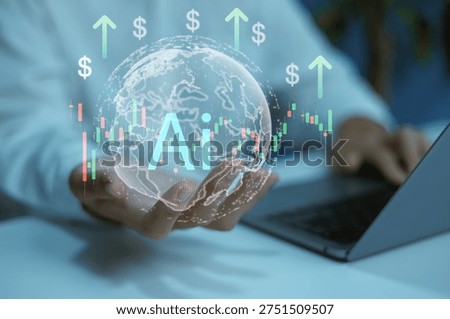Artificial intelligence analyzing global financial markets digital globe stock charts rising dollar indicators, Concept AI powered trading fintech innovation data analytics smart investment strategy