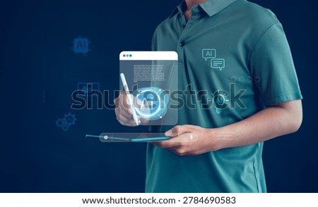 Artificial intelligence application concept with AI assistant interface, machine learning technology, digital automation, smart communication and futuristic business innovation.