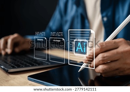 Artificial intelligence article writing and media content copywriting. Man using stylus pen on tablet and laptop for generative AI document processor editing.