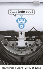 Artificial intelligence assistant concept for writers and journalists, chatbot helping with content creation on vintage typewriter, modern AI support for authors and screenwriters.