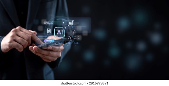 Artificial intelligence assistant and generative AI chatbot technology concept. Businessman using smartphone with virtual AI icons, prompt commands and generate button on dark background.