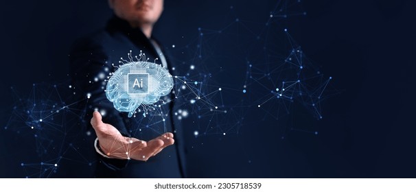 Artificial intelligence and Automated machine learning language digital human brain with businessman hand background. Cybersecurity and computer vision metaverse twin drive business industrial theme. - Powered by Shutterstock - Get 15% off with code: PIKWIZARD15