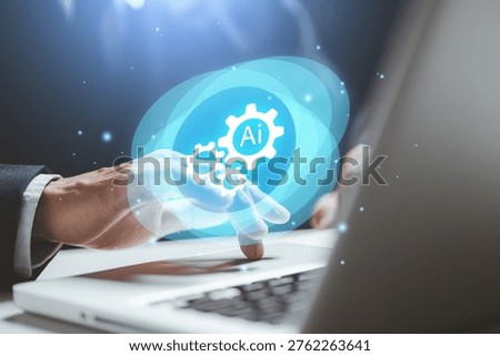 Artificial intelligence automation concept with digital gear icons, representing machine learning, smart technology, data processing, automation system and innovation in modern business operations.