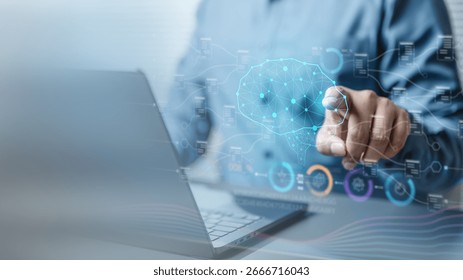 Artificial intelligence automation workflow process. Automated ai data analytics algorithm. Analysis flow chart diagram. Security protection. Automation business visualization. Technology background.