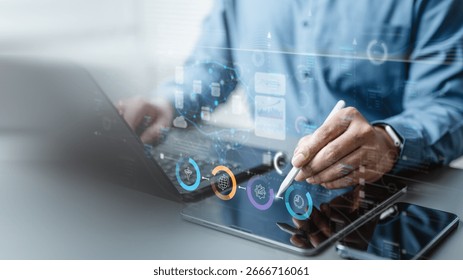 Artificial intelligence automation workflow process. Automated ai data analytics algorithm. Analysis flow chart diagram. Security protection. Automation business visualization. Technology background.