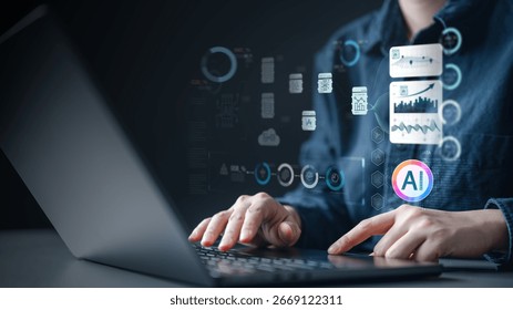 Artificial intelligence automation workflow process. Automated ai data analytics algorithm. Analysis flow chart diagram. Security protection. Automation business visualization. Technology background.