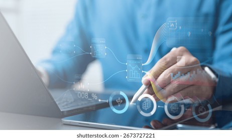 Artificial intelligence automation workflow process. Automated ai data analytics algorithm. Analysis flow chart diagram. Security protection. Automation business visualization. Technology background.
