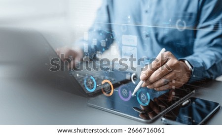 Artificial intelligence automation workflow process. Automated ai data analytics algorithm. Analysis flow chart diagram. Security protection. Automation business visualization. Technology background.