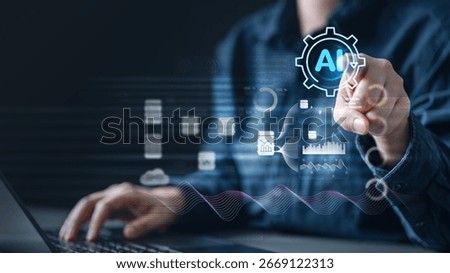 Artificial intelligence automation workflow process. Automated ai data analytics algorithm. Analysis flow chart diagram. Security protection. Automation business visualization. Technology background.