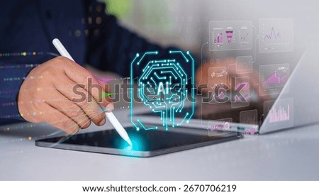 Artificial intelligence, big data analysis concept, Human using digital pen to holographic AI brain, data visualization dashboard, and futuristic analytics interface for business technology solutions