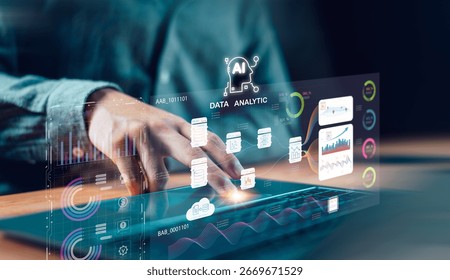 Artificial intelligence and big data analytics with futuristic dashboard, charts, data visualization. Perfect for illustrating business intelligence, machine learning, smart digital transformation