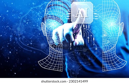 Artificial intelligence and Big data concept, Abstract Hand of human touching AI and machine learning on circuit board and binary data digital background, IoT, Technology and innovative