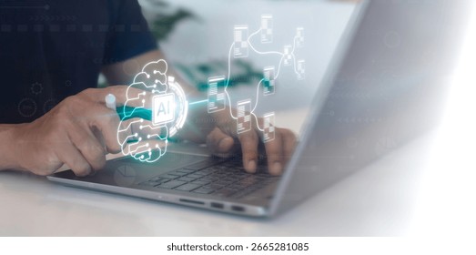 Artificial Intelligence or Blockchain Concept Developers use laptops to help businesses and everyday life. Digital transformation, Internet of Things, The brain of artificial intelligence.