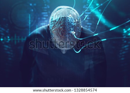 Artificial intelligence - brain is connected to cables 